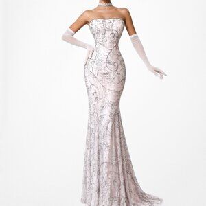 Vintage Pastel Pink Strapless Floral Beaded Silk Bodycon Maxi Prom Dress Size M